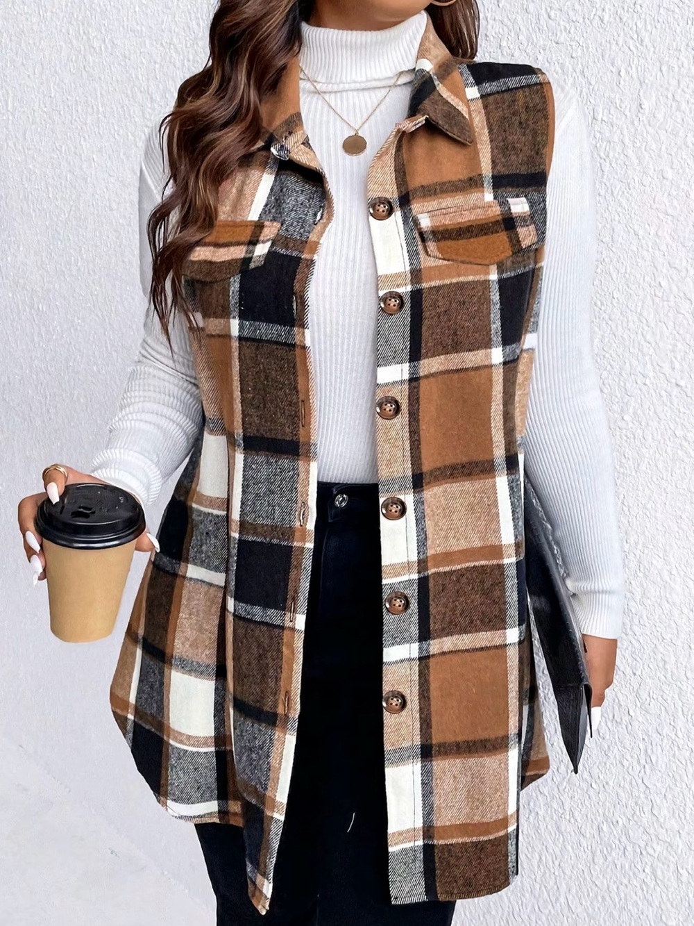 Plaid Button-Front Sleeveless Shacket - Brown/White